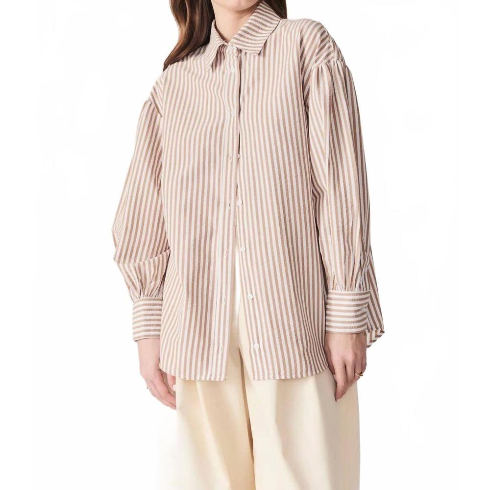 NEW DELUC fontelo long puff sleeves shirt in striped tan